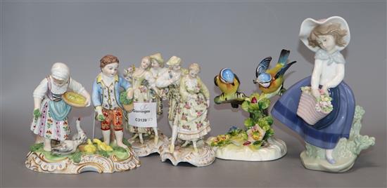 A Lladro figure and four various porcelain groups